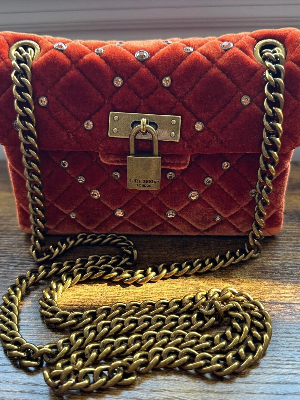 Kurt Geiger‎ Crossbody Bag Orange Velvet Mini Brixton Quilted Studded Luxury